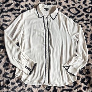 Ann Taylor Cream Blouse with Black Fringe Trim